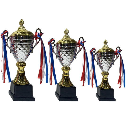 Trophy 3 Pcs 56 cm 50 cm 46 cm Color Gold/Silver With Red White Blue Ribbon For Office Desktop Decorations Sports Match School Award Game Prize Tournaments Competitions