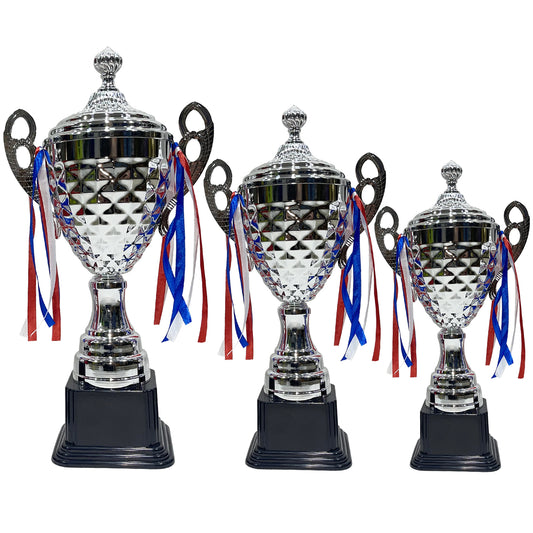 Trophy 3 Pcs Set For Color Silver Base Black With Red White Blue Ribbon For Competitions Office Desktop Decorations Sports Match School Awards Game Prize Tournaments