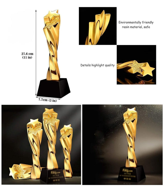 Gold Star Spiral Trophy – 27.6cm | Elegant Resin Award with Black Base 6743