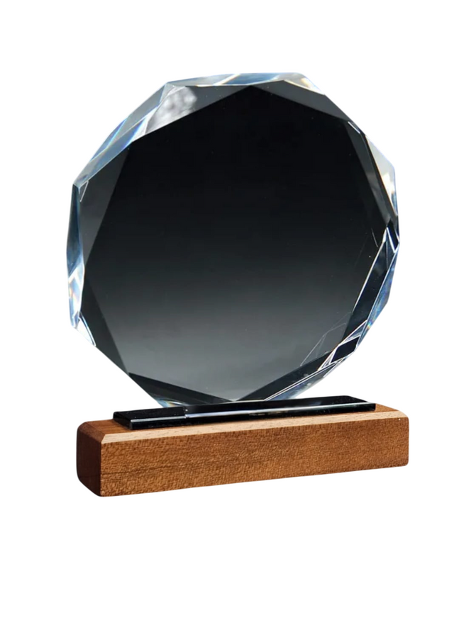 Crystal Round Award with Brown Wooden Base | Elegant Recognition Trophy 481304